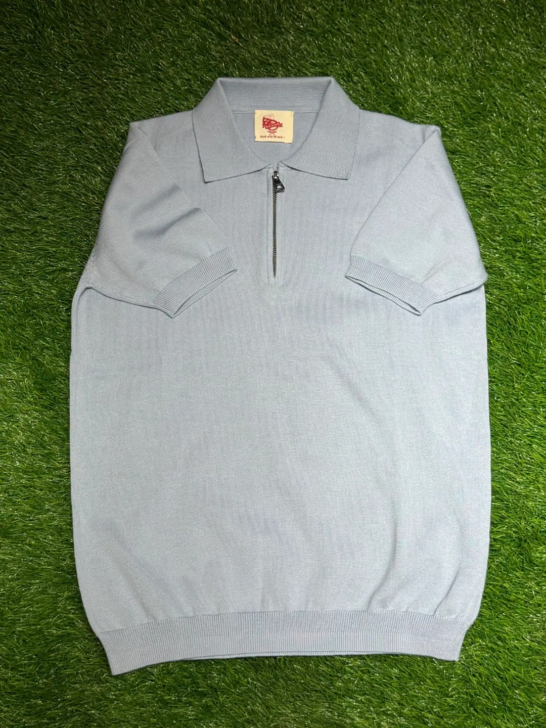Handloom Hemp Half zip half sleeve Polo Neck Rib Sweatshirt Mint Green — view 4
