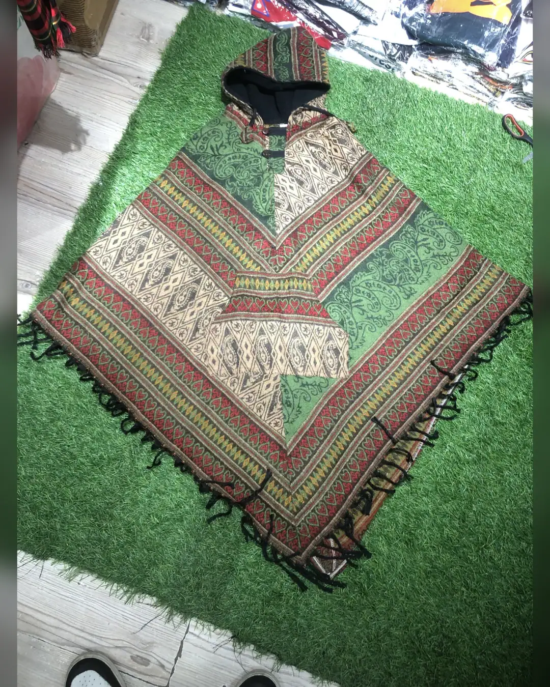Hooded Woven Poncho — Green Stripe — view 3