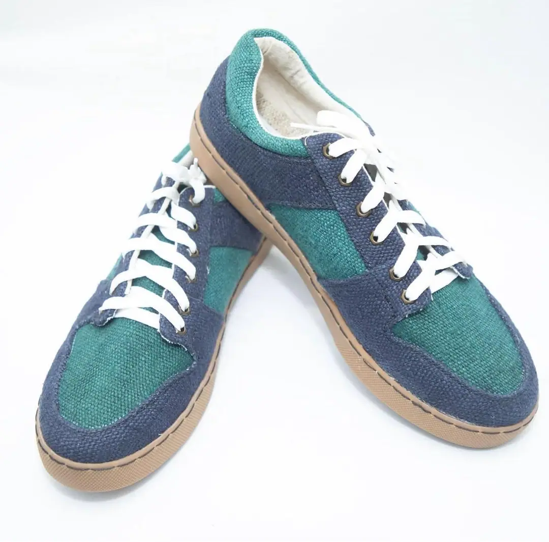 Hemp Patchwork Low-Top Sneakers — Navy & Teal — view 3