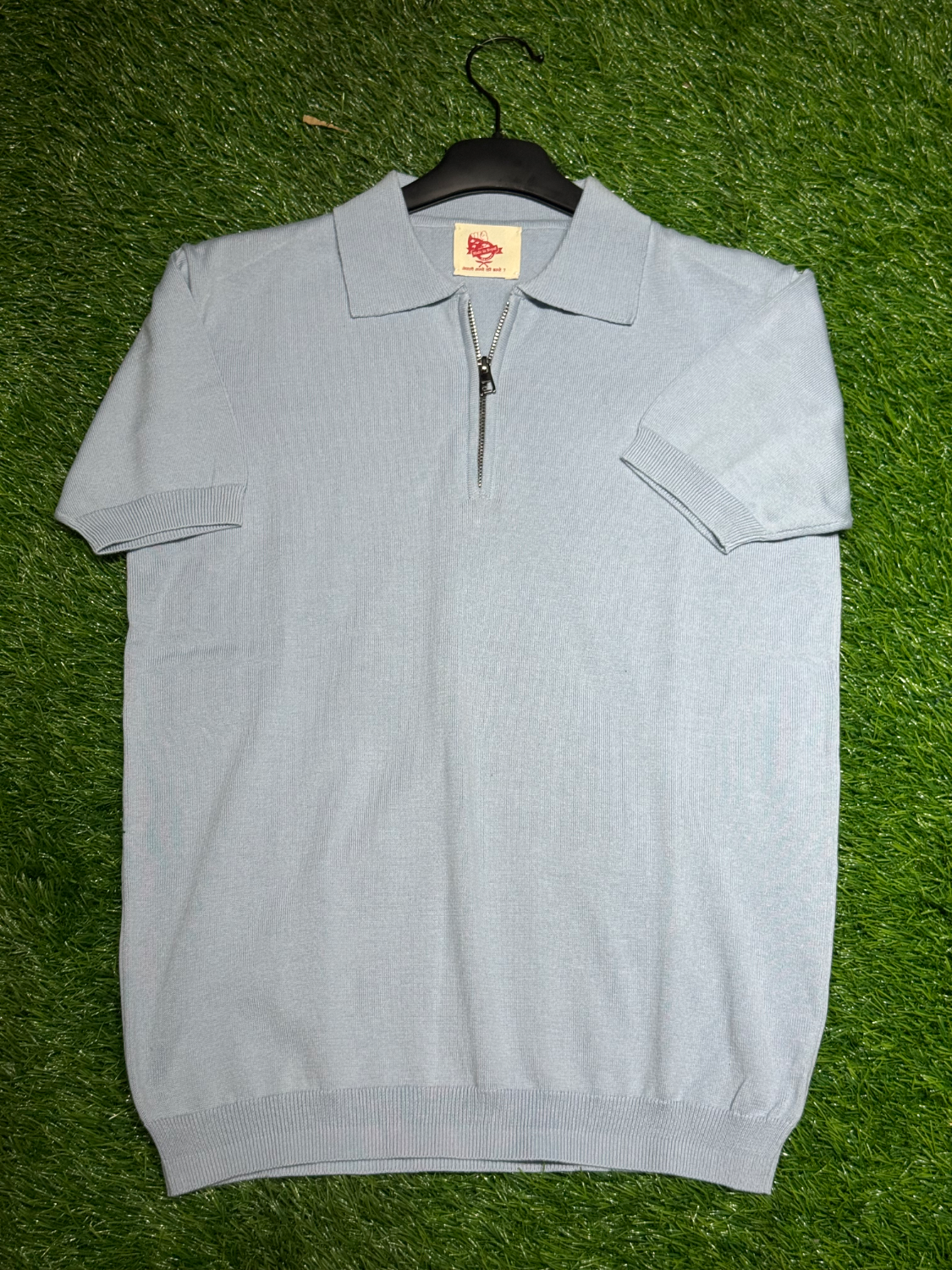 Handloom Half Sleeve Zipper Polo Neck Rib Sweater Sky Blue