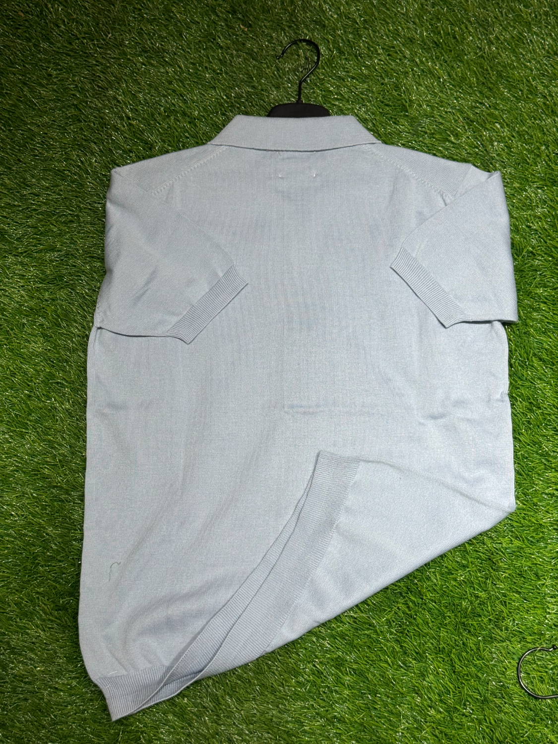 Handloom Half Sleeve Zipper Polo Neck Rib Sweater Sky Blue — view 3