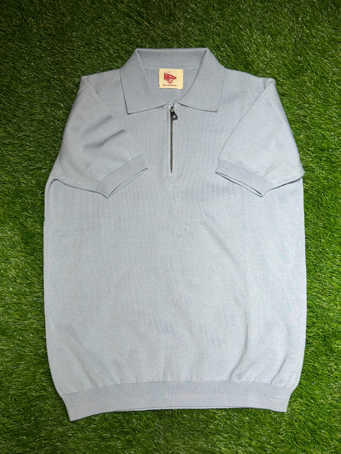 Handloom Hemp Half zip half sleeve Polo Neck Rib Sweatshirt Mint Green — view 3