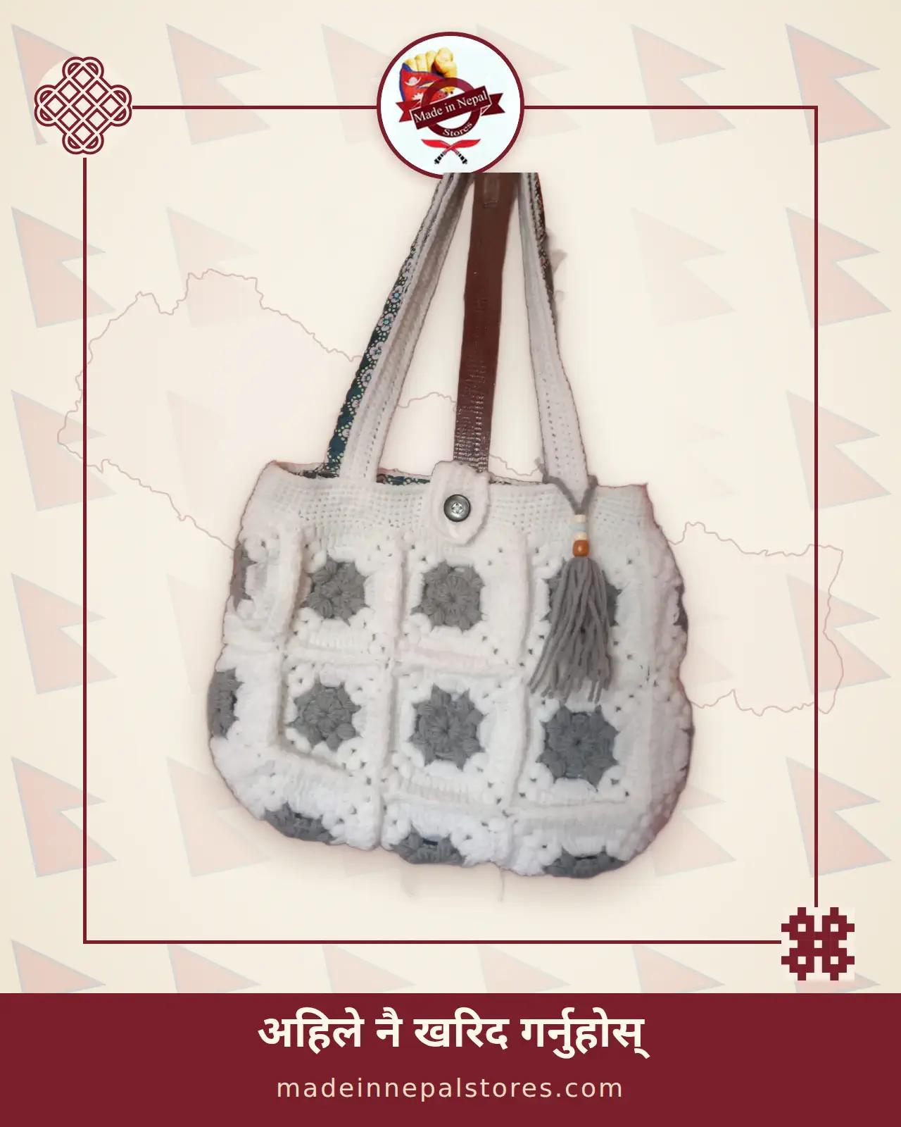 Crochet Shoulder Bag — Grey Floral