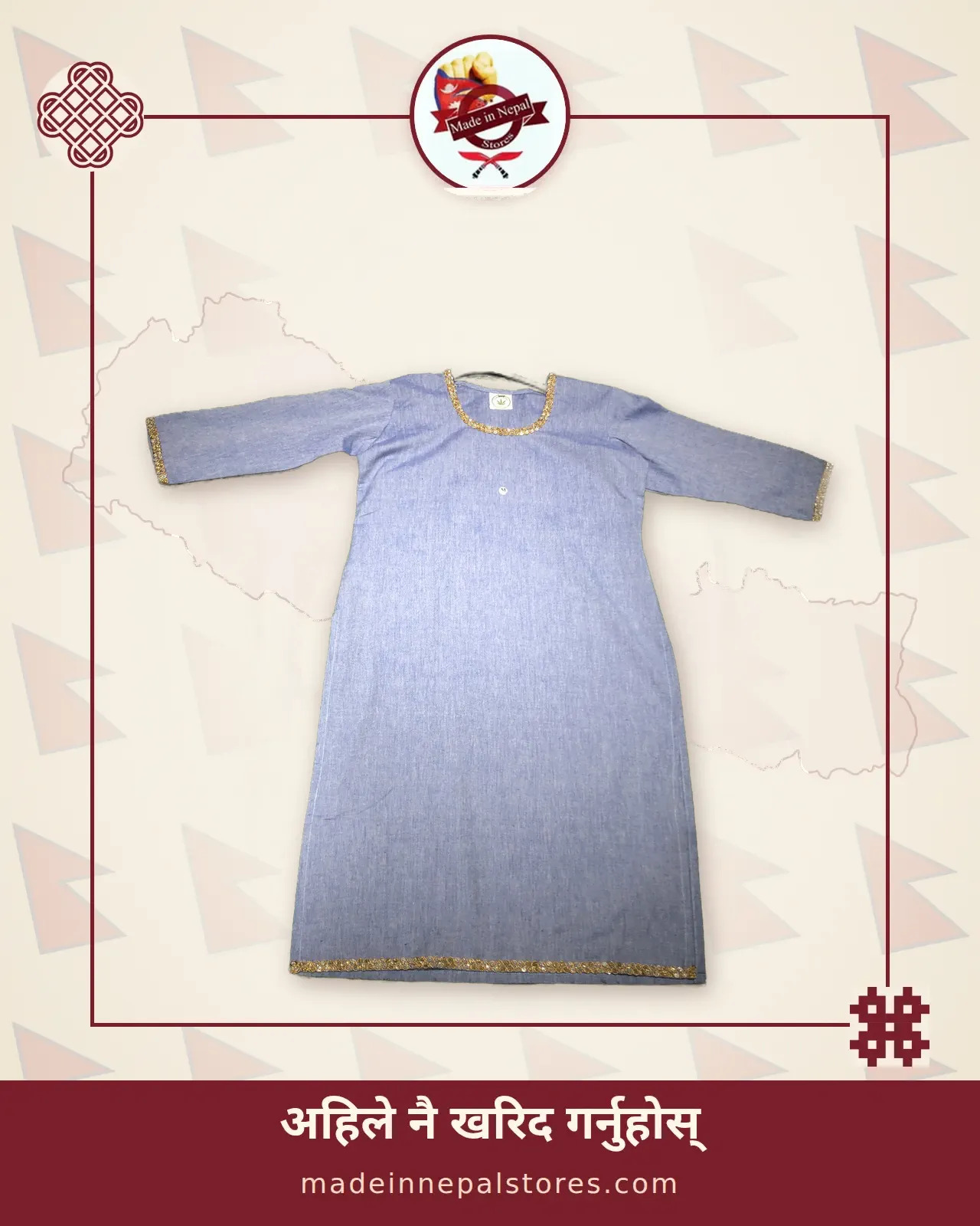 Gold-Trim Kurta — Chambray Blue