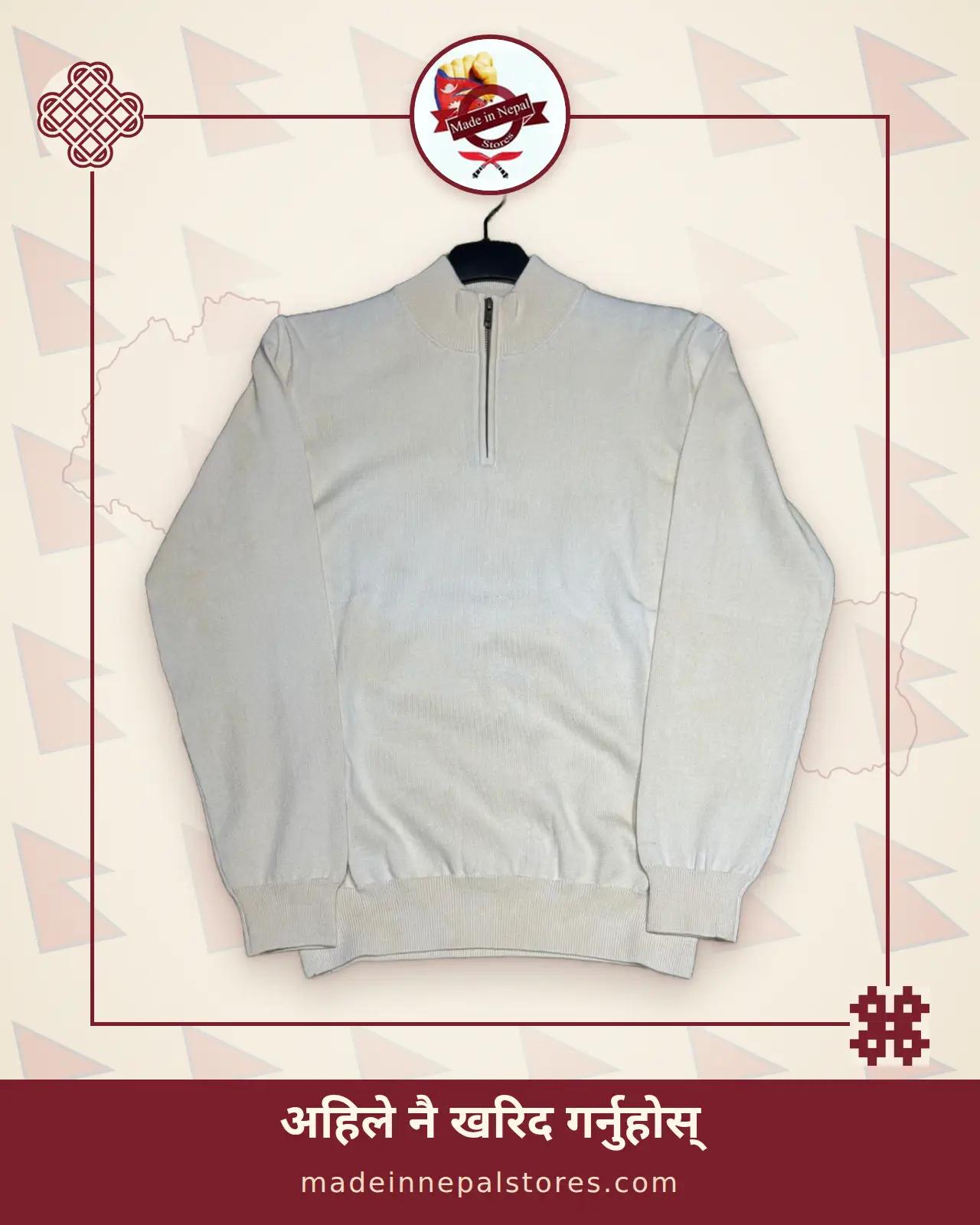 Handloom Hemp Full sleeve Half Zip Rib Neck Sweater