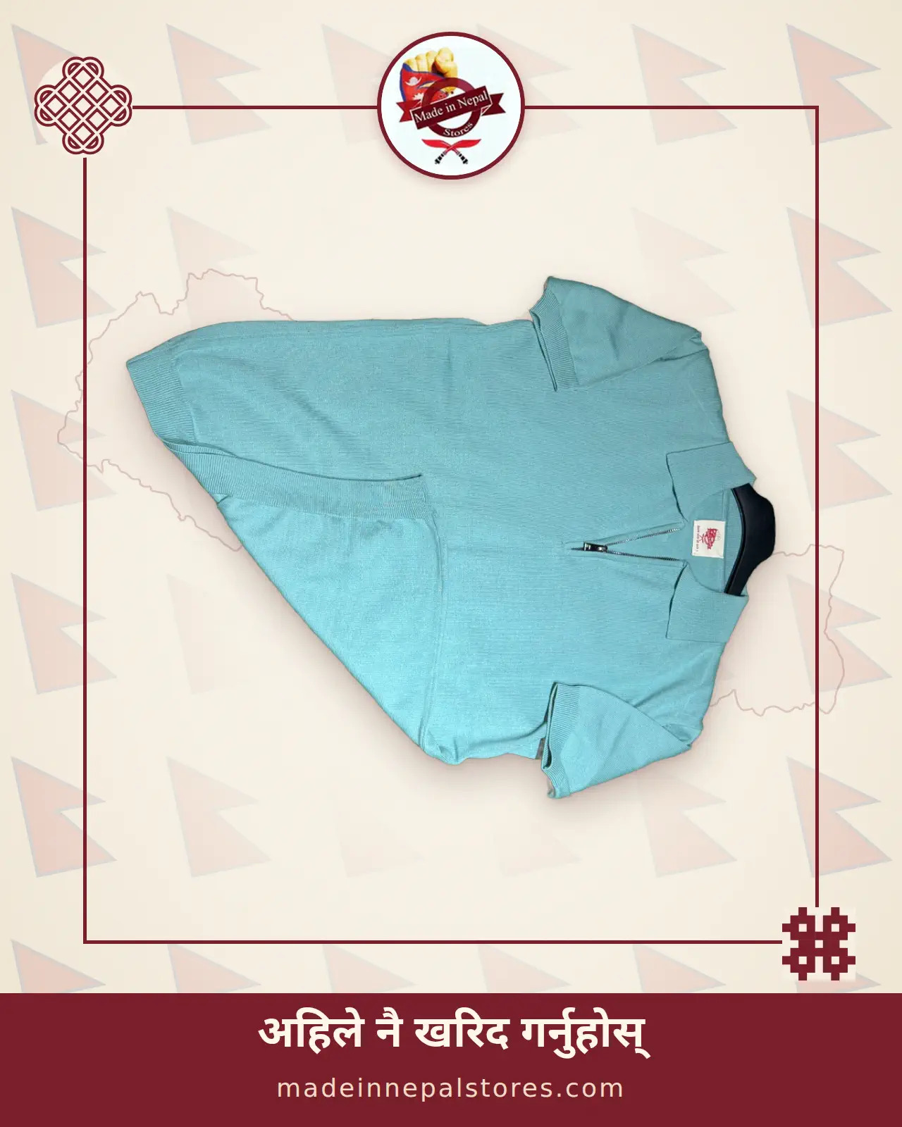 Handloom Hemp Half zip half sleeve Polo Neck Rib Sweatshirt Mint Green