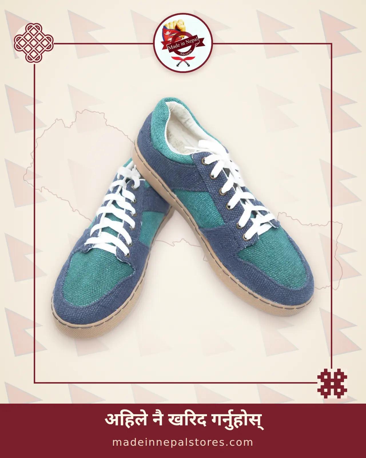 Hemp Patchwork Low-Top Sneakers — Navy & Teal
