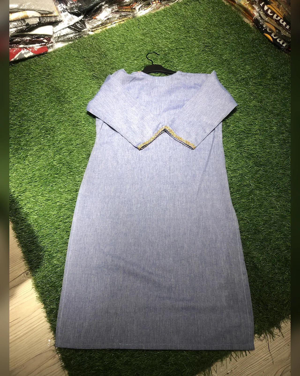 Gold-Trim Kurta — Chambray Blue — view 3
