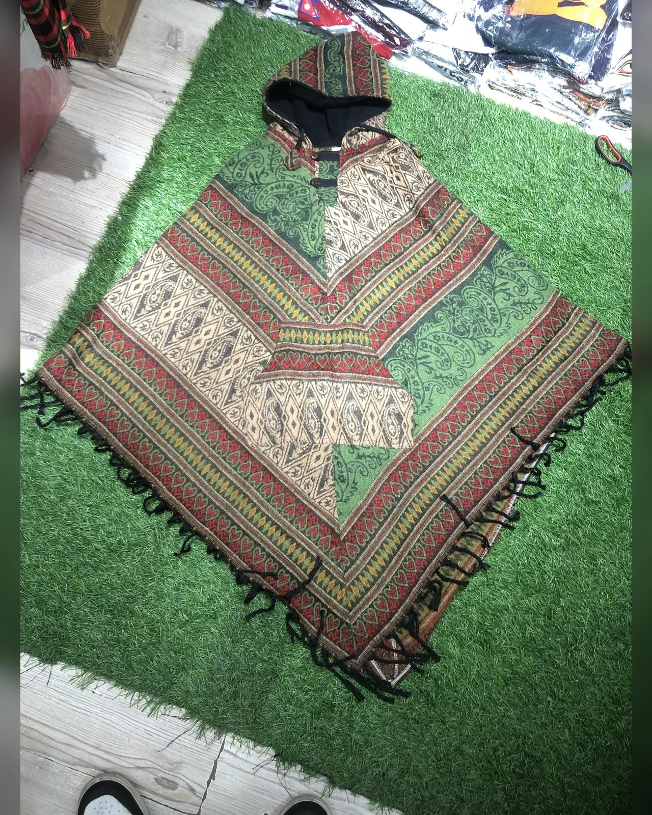 Hooded Woven Poncho — Green Stripe — view 3