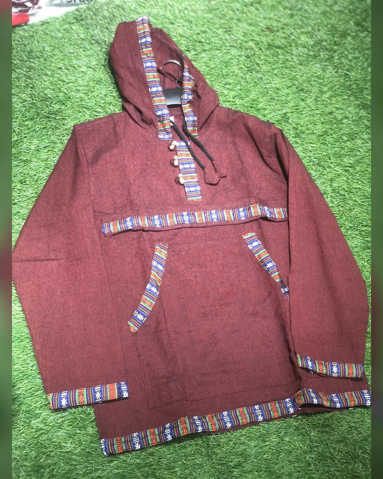 Woven-Trim Hooded Pullover — Maroon — view 3