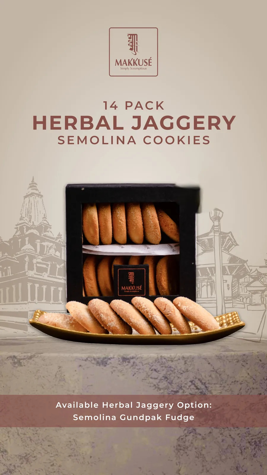 Makkusé 14 Pack Herbal Jaggery Semolina Cookies