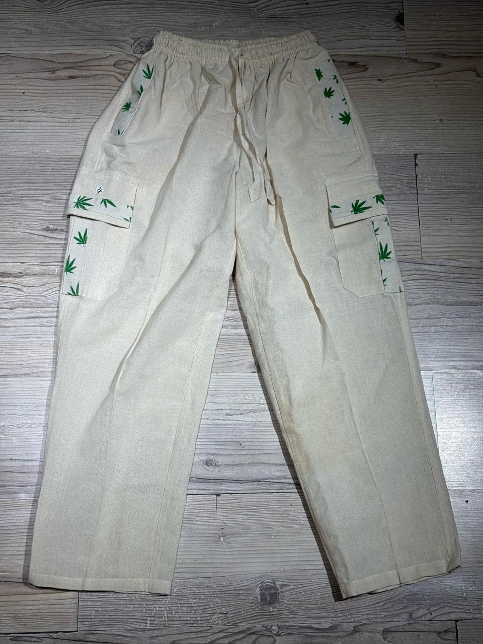 Hemp leaf-printed trousers, made in Nepal